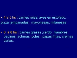 • 4 a 5 hs : carnes rojas, aves en estofado, 
pizza ,empanadas , mayonesas, milanesas 
• 6 a 8 hs : carnes grasas ,cerdo , fiambres 
pepinos ,achuras ,coles , papas fritas, cremas 
varias. 
 
