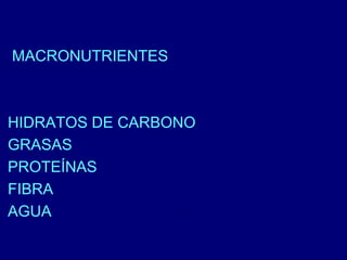 MACRONUTRIENTES 
HIDRATOS DE CARBONO 
GRASAS 
PROTEÍNAS 
FIBRA 
AGUA 
 