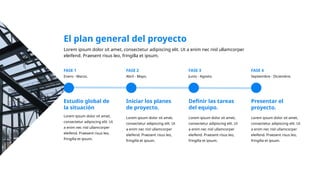 FASE 4
Enero - Marzo. Abril - Mayo. Junio - Agosto. Septiembre - Diciembre.
Lorem ipsum dolor sit amet,
consectetur adipiscing elit. Ut
a enim nec nisl ullamcorper
eleifend. Praesent risus leo,
fringilla et ipsum.
Estudio global de
la situación
FASE 1 FASE 2 FASE 3
Lorem ipsum dolor sit amet,
consectetur adipiscing elit. Ut
a enim nec nisl ullamcorper
eleifend. Praesent risus leo,
fringilla et ipsum.
Iniciar los planes
de proyecto.
Lorem ipsum dolor sit amet,
consectetur adipiscing elit. Ut
a enim nec nisl ullamcorper
eleifend. Praesent risus leo,
fringilla et ipsum.
Definir las tareas
del equipo.
Lorem ipsum dolor sit amet,
consectetur adipiscing elit. Ut
a enim nec nisl ullamcorper
eleifend. Praesent risus leo,
fringilla et ipsum.
Presentar el
proyecto.
Lorem ipsum dolor sit amet, consectetur adipiscing elit. Ut a enim nec nisl ullamcorper
eleifend. Praesent risus leo, fringilla et ipsum.
El plan general del proyecto
 