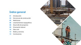 Introducción
Estructuras de construcción
Mediciones
Levantamientos topográficos
Desarrollo de proyectos
Orientación laboral
Obra civil
Redes y servicios
Conclusiones
Índice general
01
03
05
06
08
09
10
12
13
 