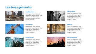 Lorem ipsum dolor sit amet,
consectetur adipiscing elit. Ut a
enim nec nisl ullamcorper
eleifend. Praesent risus leo,
fringilla et ipsum.
Localizaciones
Lorem ipsum dolor sit amet,
consectetur adipiscing elit. Ut a
enim nec nisl ullamcorper
eleifend. Praesent risus leo,
fringilla et ipsum.
Estructuras
Lorem ipsum dolor sit amet,
consectetur adipiscing elit. Ut a
enim nec nisl ullamcorper
eleifend. Praesent risus leo,
fringilla et ipsum.
Obras civiles
Lorem ipsum dolor sit amet,
consectetur adipiscing elit. Ut a
enim nec nisl ullamcorper
eleifend. Praesent risus leo,
fringilla et ipsum.
Construcción
Lorem ipsum dolor sit amet,
consectetur adipiscing elit. Ut a
enim nec nisl ullamcorper
eleifend. Praesent risus leo,
fringilla et ipsum.
Levantamientos
Lorem ipsum dolor sit amet,
consectetur adipiscing elit. Ut a
enim nec nisl ullamcorper
eleifend. Praesent risus leo,
fringilla et ipsum.
Edificios
Las áreas generales
 