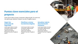 Puntos clave esenciales para el
proyecto
Lorem ipsum dolor sit amet, consectetur adipiscing elit. Ut a enim nec
nisl ullamcorper eleifend. Praesent risus leo, fringilla et ipsum.
Seguir los
protocolos de
seguridad
Lorem ipsum dolor sit amet,
consectetur adipiscing elit.
Ut a enim nec nisl
ullamcorper eleifend.
Praesent risus leo, fringilla et
ipsum.
Planificar y revisar
los destinos elegidos
Lorem ipsum dolor sit amet,
consectetur adipiscing elit.
Ut a enim nec nisl
ullamcorper eleifend.
Praesent risus leo, fringilla et
ipsum.
Actualizar toda la
documentación
necesaria
Lorem ipsum dolor sit amet,
consectetur adipiscing elit.
Ut a enim nec nisl
ullamcorper eleifend.
Praesent risus leo, fringilla et
ipsum.
 