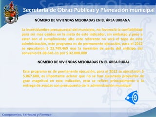 NÚMERO DE VIVIENDAS MEJORADAS EN EL ÁREA URBANA

La incertidumbre presupuestal del municipio, no favoreció la confiabilidad
para ser mas osados en la meta de este indicador, sin embargo y pese a
estar con el cumplimiento alto este referente no será el tope de esta
administración, este programa es de permanente ejecución, para el 2012
se ejecutaron $ 23.749.469 mas la inversión de parte del anticipo del
convenio 01-08-541-11 por $ 32.000.000

         NÚMERO DE VIVIENDAS MEJORADAS EN EL ÁREA RURAL

Este programa es de permanente ejecución, para el 2012 se ejecutaron $
5.867.600, es importante aclarar que no se han ejecutado proyectos de
gran magnitud en este indicador, esto se refiere principalmente a la
entrega de ayudas con presupuesto de la administración municipal
 