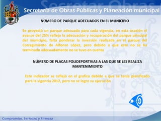 NÚMERO DE PARQUE ADECUADOS EN EL MUNICIPIO

Se proyectó un parque adecuado para cada vigencia, en esta ocasión el
avance del 25% refleja la adecuación y recuperación del parque principal
del municipio, falta ponderar la inversión realizada en el parque del
Corregimiento de Alfonso López, pero debido a que este no se ha
terminado adecuadamente no se tuvo en cuenta

     NÚMERO DE PLACAS POLIDEPORTIVAS A LAS QUE SE LES REALIZA
                        MANTENIMIENTO

 Este indicador se reflejó en el grafico debido a que se tenía planificado
 para la vigencia 2012, pero no se logro su ejecución
 