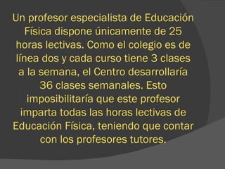 Un profesor especialista de Educación Física dispone únicamente de 25 horas lectivas. Como el colegio es de línea dos y cada curso tiene 3 clases a la semana, el Centro desarrollaría 36 clases semanales. Esto imposibilitaría que este profesor imparta todas las horas lectivas de Educación Física, teniendo que contar con los profesores tutores. 