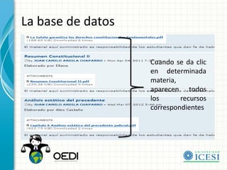 La base de datos

                   Cuando se da clic
                   en determinada
                   materia,
                   aparecen todos
                   los      recursos
                   correspondientes
 