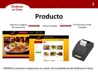 Producto
PAPPAS es el primer restaurante en contar con la plataforma de Ordenes en línea.
Ingresas a la página
del restaurante
Haces tu pedido
El restaurante recibe
el pedido
5
 