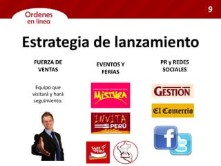 Estrategia de lanzamiento
FUERZA DE
VENTAS
EVENTOS Y
FERIAS
PR y REDES
SOCIALES
Equipo que
visitará y hará
seguimiento.
9
 