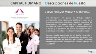 CAPITAL HUMANO: Descripciones de Puesto
¿ CÓMO PODEMOS AYUDAR A TU EMPRESA ?
 Una descripción del puesto de trabajo elaborada
correctamente, ayuda a determinar qué factores harán que el
desempeño del mismo sea eficaz y ayuda a determinar los
requerimientos del puesto; por otra parte, permite la
valoración del puesto, la selección de la persona idónea para
el mismo y la posibilidad de evaluar el desempeño de la
persona que desarrolla un puesto de trabajo determinado.
 Tenemos amplia experiencia en el diseño, desarrollo y
documentación de perfiles y descripciones de puesto, y en
diferentes sectores de mercado; para hacerlo, utilizamos
estándares reconocidos a nivel mundial como los emitidos por
la AMEDIRH.
 