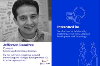 Social networks, Relationship
                                              marketing, social capital, Human
                                              Development and Technology.




President
Somos Más Colombia co-founder.
He has extensive experience in social
networking and strategic development of ICT
in social organizations.
 