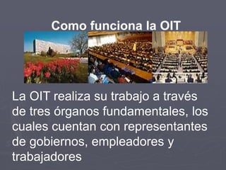 Como funciona la OIT
La OIT realiza su trabajo a través
de tres órganos fundamentales, los
cuales cuentan con representant...