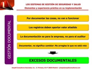 LOS SISTEMAS DE GESTIÓN DE SEGURIDAD Y SALUD 
Elementos y experiencia práctica en su implementación 
Ampell Consultores Asociados, S.L. C/ Pirineos, 45 4º 28045 Madrid – jcbajo@ampellconsultores.com 
GESTIÓN DOCUMENTAL 
Por documentar las cosas, no van a funcionar 
Los registros deben aportar valor añadido 
La documentación es para la empresa, no para el auditor 
Documentar, no significa cambiar: No arregles lo que no está roto 
EXCESOS DOCUMENTALES 
 