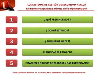LOS SISTEMAS DE GESTIÓN DE SEGURIDAD Y SALUD 
Elementos y experiencia práctica en su implementación 
1 ¿ QUÉ PRETENDEMOS ? 
2 ¿ DONDÉ ESTAMOS? 
3 ¿ FIJAR PRIORIDADES? 
4 PLANIFICAR EL PROYECTO 
5 ESTABLECER GRUPOS DE TRABAJO Y DAR PARTICIPACIÓN 
Ampell Consultores Asociados, S.L. C/ Pirineos, 45 4º 28045 Madrid – jcbajo@ampellconsultores.com 
 