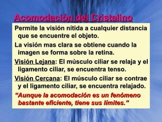 Acomodación del CristalinoAcomodación del Cristalino
Permite la visión nítida a cualquier distanciaPermite la visión nítida a cualquier distancia
que se encuentre el objeto.que se encuentre el objeto.
La visión mas clara se obtiene cuando laLa visión mas clara se obtiene cuando la
imagen se forma sobre la retina.imagen se forma sobre la retina.
Visión LejanaVisión Lejana: El músculo ciliar se relaja y el: El músculo ciliar se relaja y el
ligamento ciliar, se encuentra tenso.ligamento ciliar, se encuentra tenso.
Visión CercanaVisión Cercana: El músculo ciliar se contrae: El músculo ciliar se contrae
y el ligamento ciliar, se encuentra relajado.y el ligamento ciliar, se encuentra relajado.
““Aunque la acomodación es un fenómenoAunque la acomodación es un fenómeno
bastante eficiente, tiene sus límites.”bastante eficiente, tiene sus límites.”
 