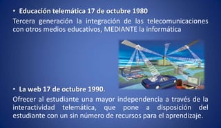 • Educación telemática 17 de octubre 1980
Tercera generación la integración de las telecomunicaciones
con otros medios educativos, MEDIANTE la informática
• La web 17 de octubre 1990.
Ofrecer al estudiante una mayor independencia a través de la
interactividad telemática, que pone a disposición del
estudiante con un sin número de recursos para el aprendizaje.
 