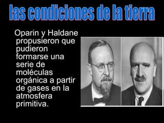 las condiciones de la tierra  Oparin y Haldane propusieron que pudieron formarse una serie de moléculas orgánica a partir de gases en la atmosfera primitiva.
