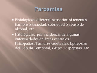  Fisiológicas: diferente sensación si tenemos
hambre ó saciedad, sobriedad ó abuso de
alcohol, etc.
 Patológicas: por incidencia de algunas
enfermedades en áreas centrales :
Psicopatías, Tumores cerebrales, Epilepsias
del Lobulo Temporal, Gripe, Dispepsias, Etc
 