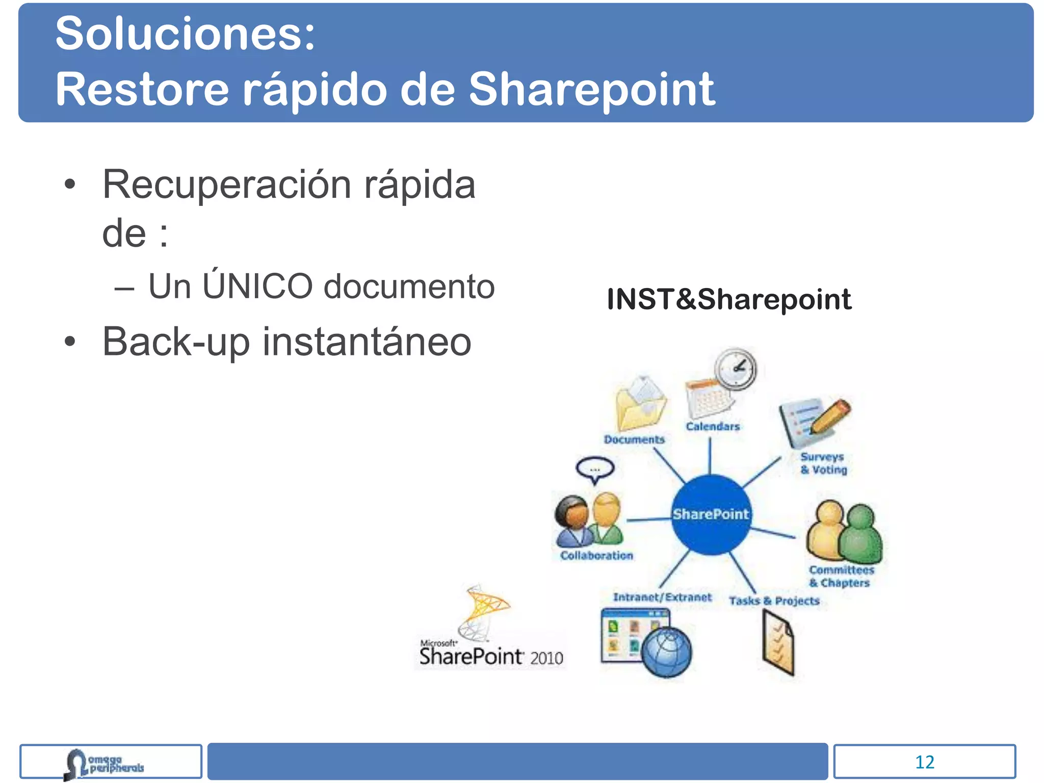 Soluciones:
Restore rápido de Sharepoint

• Recuperación rápida
  de :
  – Un ÚNICO documento   INST&Sharepoint
• Back-up instantáneo




                                           12
 