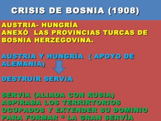 CRISIS DE BOSNIA (1908)  CRISIS MARROQUI (1906)  AUSTRIA- HUNGRÍA  ANEXÓ  LAS PROVINCIAS TURCAS DE BOSNIA HERZEGOVINA.    AUSTRIA Y HUNGRÍA  ( APOYO DE ALEMANIA)  DESTRUIR SERVIA  SERVIA (ALIADA CON RUSIA) ASPIRABA LOS TERRIRTORIOS OCUPADOS Y EXTENDER SU DOMINIO PARA FORMAR “ LA GRAN SERVÍA ESLAVA” 