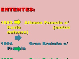 ENTENTES:  1893 Alianza Francia c/ Rusia    (mutua defensa)    1904   Gran Bretaña c/ Francia 1907  Gran Bretaña c/ Rusia    