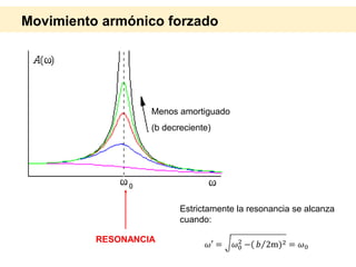 Menos amortiguado
(b decreciente)
RESONANCIA
Estrictamente la resonancia se alcanza
cuando:
Movimiento armónico forzado
 