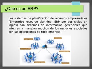 ¿Qué es un ERP? 
Los sistemas de planificación de recursos empresariales 
(Enterprise resource planning, ERP por sus siglas en 
inglés) son sistemas de información gerenciales que 
integran y manejan muchos de los negocios asociados 
con las operaciones de toda empresa. 
 