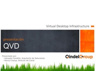 Virtual Desktop Infrastructure
presentación
QVD
1
Presentado por:
- Salvador Fandiño, Arquitecto de Soluciones
- Henry Chalup, Director de Canal
1
 