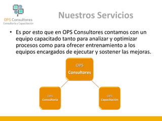 Nuestros Servicios 
• Es por esto que en OPS Consultores contamos con un 
equipo capacitado tanto para analizar y optimizar 
procesos como para ofrecer entrenamiento a los 
equipos encargados de ejecutar y sostener las mejoras. 
 