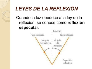 LEYES DE LA REFLEXIÓN
Cuando la luz obedece a la ley de la
reflexión, se conoce como reflexión
especular.
 