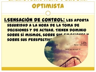 Características persona
        optimista

1.Sensación de control: les aporta
 seguridad a la hora de la toma de
 decisiones y de actuar. Tienen dominio
 sobre sí mismos, sobre sus emociones y
 sobre sus perspectivas en la vida.
 