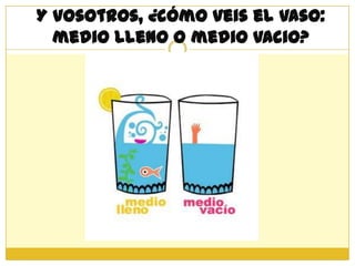 Y vosotros, ¿cómo veis el vaso:
  medio lleno o medio vacio?
 