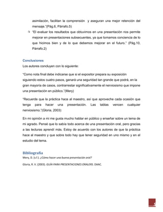 asimilación, facilitan la comprensión y aseguran una mejor retención del
        mensaje.”(Pág.6, Párrafo.5)
    “El evaluar los resultados que obtuvimos en una presentación nos permite
        mejorar en presentaciones subsecuentes, ya que tomamos conciencia de lo
        que hicimos bien y de lo que debemos mejorar en el futuro.” (Pág.10,
        Párrafo.2)


Conclusiones
Los autores concluyen con lo siguiente:

“Como nota final debe indicarse que si el expositor prepara su exposición
siguiendo estos cuatro pasos, ganará una seguridad tan grande que podrá, en la
gran mayoría de casos, contrarrestar significativamente el nerviosismo que impone
una presentación en público.”(Mery)

“Recuerde que la práctica hace al maestro, así que aproveche cada ocasión que
tenga     para    hacer     una     presentación.       Las   tablas   vencen   cualquier
nerviosismo.”(Gloria, 2003)

En mi opinión a mi me gusta mucho hablar en público y enseñar sobre un tema de
mi agrado. Pensé que lo sabía todo acerca de una presentación oral, pero gracias
a las lecturas aprendí más. Estoy de acuerdo con los autores de que la práctica
hace al maestro y que sobre todo hay que tener seguridad en uno mismo y en el
estudio del tema.


Bibliografía
Mery, D. (s.f.). ¿Cómo hacer una buena presentación oral?

Gloria, R. V. (2003). GUÍA PARA PRESENTACIONES ORALERS. DAAC.




                                                                                            5
 