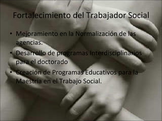 Fortalecimiento del Trabajador Social Mejoramiento en la Normalización de las agencias. Desarrollo de programas Interdisciplinarios para el doctorado Creación de Programas Educativos para la Maestría en el Trabajo Social. 