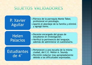 • Párroco de la parroquia Monte Tabor,
profesional en psicología.
• Aportó el abordaje de la familia y eliminó
y agregó ítems.
P. Xavier
Aguilar
• Docente encargada del grupo de
estudiante en investigación.
• Verificó la pertinencia del lenguaje,
además de administrar el cuestionario.
Helen
Palacios
• Pertenecen a una escuela de la misma
ciudad, del C.E. Walter A. Soundy.
• Permitió redactar mas apropiadamente
debido a las dificultades expresadas.
Estudiantes
de 4°
 