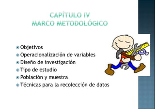  Objetivos
 Operacionalización de variables
 Diseño de investigación
 Tipo de estudio
 Población y muestra
 Técnicas para la recolección de datos
 