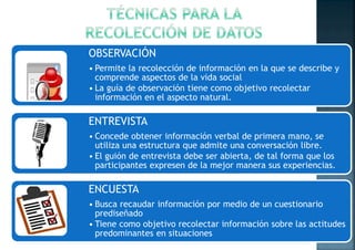 OBSERVACIÓN
• Permite la recolección de información en la que se describe y
comprende aspectos de la vida social
• La guía de observación tiene como objetivo recolectar
información en el aspecto natural.
ENTREVISTA
• Concede obtener información verbal de primera mano, se
utiliza una estructura que admite una conversación libre.
• El guión de entrevista debe ser abierta, de tal forma que los
participantes expresen de la mejor manera sus experiencias.
ENCUESTA
• Busca recaudar información por medio de un cuestionario
prediseñado
• Tiene como objetivo recolectar información sobre las actitudes
predominantes en situaciones
 