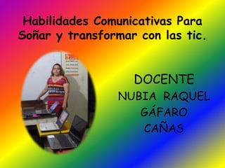 Habilidades Comunicativas Para 
Soñar y transformar con las tic. 
DOCENTE 
NUBIA RAQUEL 
GÁFARO 
CAÑAS 
 