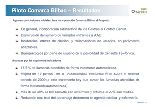 Piloto Comarca Bilbao – Resultados
Algunas conclusiones iniciales, tras incorporación Comarca Bilbao al Proyecto


       En general, incorporación satisfactoria de los Centros al Contact Center.
       Disminución del número de llamadas entrantes al AAC.
       Incidencias, errores de citación, y reclamaciones de usuarios, en parámetros
       aceptables.
       Buena acogida por parte del usuario de la posibilidad de Consulta Telefónica.

Avaladas por los siguientes indicadores

      17,5 % de llamadas atendidas de forma totalmente automatizada.
      Mejora de 15 puntos en la Accesibilidad Telefónica Final sobre el mismos
      periodo de 2009 (a este incremento hay que sumar las llamadas atendidas de
      forma totalmente automatizada) .
      Más de un 30% de teleconsulta con enfermera y próximo al 20% con médico.
      Reducción casi total del porcentaje de demora en agenda médica y enfermería.
                                                                                       Página Nº 15
 
