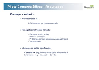 Piloto Comarca Bilbao - Resultados

 Consejo sanitario
         Nº de llamadas

                0,14 llamadas por ciudadano y año


         Principales motivos de llamada:

                -   Fiebre en adulto y niño
                -   Vómitos y diarreas
                -   Problemas sondas (urinarias y nasogástricas)
                -   Vacunaciones


         Llamadas de salida planificadas:

           •Diabetes     Seguimiento activo de la adherencia al
           tratamiento, respecto a estilos de vida
 