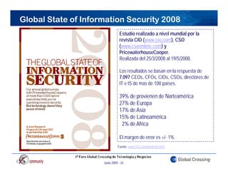 Global State of Information Security 2008
                                Estudio li d
                                E t di realizado a nivel mundial por la
                                                      i l      di l   l
                                revista CIO (www.cio.com), CSO
                                (www.csoonline.com) y
                                PricewaterhouseCooper.
                                                     p
                                Realizada del 25/3/2008 al 19/5/2008.

                                Los resultados se basan en la respuesta de
                                7.097 CEOs, CFOs CIOs CSOs
                                7 097 CEOs CFOs, CIOs, CSOs, directores de
                                IT e IS de mas de 100 países.

                                39% de provienen de Norteamérica
                                       p
                                27% de Europa
                                17% de Asia
                                15% de Latinoamérica
                                 2% de Africa

                                El margen de error es +/- 1%
                               Fuente: www.CIO.com/article/451092



                     Junio 2009 - 24
 