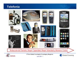 Telefonía




                                                                         tube.com/watch?v=xvMasa9gfEc
                                                           http://www.yout
  Reducción d T
  R d ió dell Tamaño, Mayor Capacidad, Mayor Velocidad y Menores C t
                  ñ M       C    id d M      V l id d M          Costos

                                  Junio 2009 - 7
 