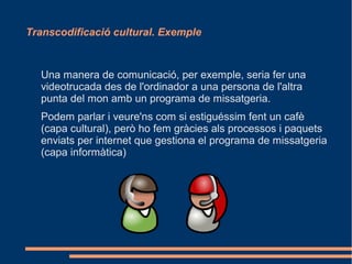 Transcodificació cultural. Exemple



  Una manera de comunicació, per exemple, seria fer una
  videotrucada des de l'ordinador a una persona de l'altra
  punta del mon amb un programa de missatgeria.
  Podem parlar i veure'ns com si estiguéssim fent un cafè
  (capa cultural), però ho fem gràcies als processos i paquets
  enviats per internet que gestiona el programa de missatgeria
  (capa informàtica)
 