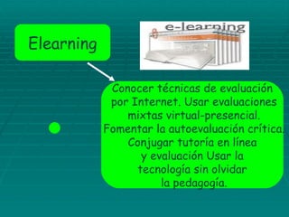 Elearning Conocer técnicas de evaluación por Internet. Usar evaluaciones mixtas virtual-presencial. Fomentar la autoevaluación crítica. Conjugar tutoría en línea y evaluación Usar la  tecnología sin olvidar la pedagogía. 