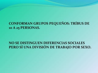 - CONFORMAN GRUPOS PEQUEÑOS: TRÍBUS DE
10 A 25 PERSONAS.
- NO SE DISTINGUEN DIFERENCIAS SOCIALES
PERO SÍ UNA DIVISIÓN DE TRABAJO POR SEXO.
 
