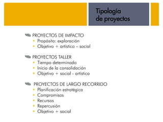 Tipología
                                  de proyectos

PROYECTOS DE IMPACTO
  Propósito: exploración
  Objetivo + artístico – social

PROYECTOS TALLER
  Tiempo determinado
  Inicio de la consolidación
  Objetivo + social - artístico

PROYECTOS DE LARGO RECORRIDO
  Planificación estratégica
  Compromisos
  Recursos
  Repercusión
  Objetivo + social
 