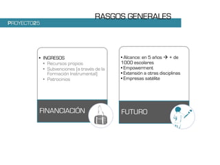 RASGOS GENERALES
PROYECTO25




         • INGRESOS                         • Alcance: en 5 años + de
           • Recursos propios               1000 escolares
           • Subvenciones [a través de la   • Empowerment
             Formación Instrumental]        • Extensión a otras disciplinas
           • Patrocinios                    • Empresas satélite




         FINANCIACIÓN                       FUTURO
 