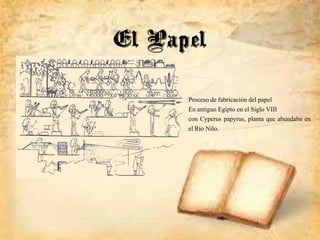 El Papel
Proceso de fabricación del papel
En antiguo Egipto en el Siglo VIII
con Cyperus papyrus, planta que abundaba en
el Río Nilo.
 