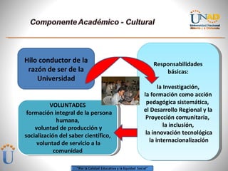 Hilo conductor de la razón de ser de la Universidad Responsabilidades básicas: la Investigación,  la formación como acción pedagógica sistemática,  el Desarrollo Regional y la Proyección comunitaria,  la inclusión, la innovación tecnológica  la internacionalización VOLUNTADES formación integral de la persona humana, voluntad de producción y socialización del saber científico, voluntad de servicio a la comunidad 