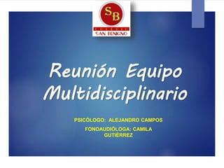 Reunión Equipo
Multidisciplinario
PSICÓLOGO: ALEJANDRO CAMPOS
FONOAUDIÓLOGA: CAMILA
GUTIÉRREZ
 