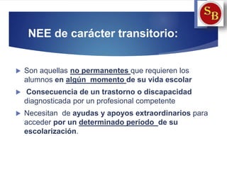  Son aquellas no permanentes que requieren los
alumnos en algún momento de su vida escolar
 Consecuencia de un trastorno o discapacidad
diagnosticada por un profesional competente
 Necesitan de ayudas y apoyos extraordinarios para
acceder por un determinado período de su
escolarización.
NEE de carácter transitorio:
 